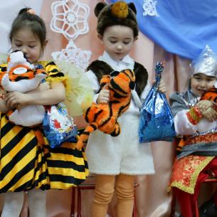 Toy tigers at the kindergarten New Year party in Alkatvaam, December 2018.