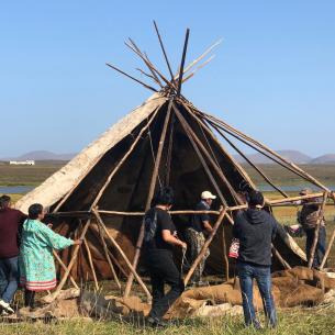 The construction of yaranga – traditional Chukchi nomadic dwelling, August 2019.